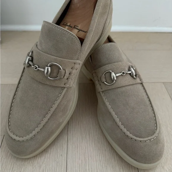 Gucci Beige Suede Loafers with Silver Accent